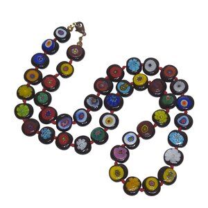 Millefiori Glass Flat Bead Necklace w Floral Designs & Lobster Clasp Black Base